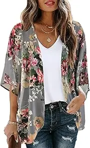 [CHICGAL] Women's Floral Print Short Sleeve Shawl Chiffon Kimono Cardigan Casual Blouse Tops(