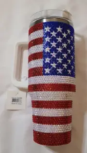 USA Flag Rhinestone 40 Oz Insulated Tumbler Handle America Blinged Out Military