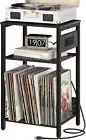 Record Player Stand, 3-Tier End Table with Charging Station, Small Side Table ..