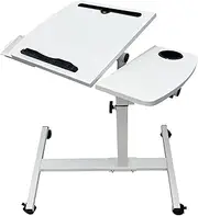KUKKUME Overbed Table Height Adjustable Bedside Table Hospital Bed Table with 2 Tilting Desktops Mobile Laptop Desk with 2 Tilting Desktops,Cup Holde,Drawer for Office, Home and Hospital (White)