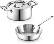 Cooks Standard Multi-Ply Clad Stainless Steel Butter Warmer Set, Mini Cookware Duo Set, Stainless Steel Butter Melting Pots, Fry Pan 4.7 Inch & Casserole 0.68 Qt, Mini Pot and Pan, 3 Pieces, Silver