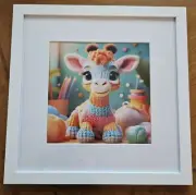 Framed Cute Yarn Giraffe Print 12x12" White Wooden Frame Nursery Kidsroom NEW