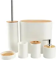 Bamboo Cover Bathroom toiletries Plastic 6-Piece Set, White Bathroom Accessories Set, with Trash can, Cup, Lotion Bottle, Toothbrush Holder, Toilet Brush, soap Box, White.