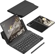 Jarttarn Wireless Bluetooth Keyboard Holster for Google Pixel Fold Folding Phone Portable External Office Stand Holster Keyboard with Pen (Carbon Fiber)