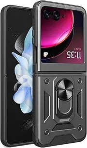 [Eabhulie] Motorola Razr 40 Ultra Case, Rugged Armor Protection Case with Slide Camera Cover & Ring Holder Stand for Motorola Razr 40 Ultra Black