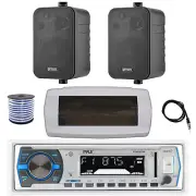 Pyle Bluetooth Marine Radio,Cover, Antenna,Wire, 2x 4" 30 Watt Black Speaker