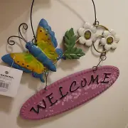 BLUE BUTTERFLY WELCOME SIGN METAL YARD ART GARDEN DECOR