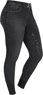 [Preto] Premium Denim Ladies Full Seat Silicone Grip Soft Stretchy Jodhpurs with Pockets, Black, 36W