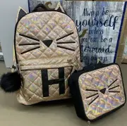 JUSTICE BACKPACK & LUNCHBOX IRIDESCENT GOLD CAT INITIAL “H” SHIMMERING CUTE!!