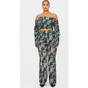 Plus Green Devore Mesh Foldover Slim Flare Pants, Green