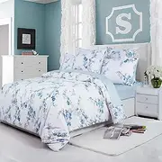 [USTIDE] Blue Floral Duvet Cover Set 3 Pieces Floral and Birds Duvet Set Cotton Bedding Set Double Quilt Cover Set