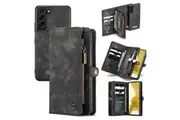 CaseMe For Samsung Galaxy S22 Plus Zipper & Detachable Retro Leather Pouch Wallet Flip Purse Bag Detachable Phone Case Cover (Black)