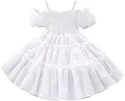 [Hilinker] Girls Cute Puff Sleeve Summer Dress Cold Shoulder Smocked Ruffled Sundress, White, 9-10 Years