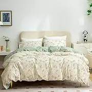 Duvet Cover Queen 3 Pieces Bedding Set, 100% Cotton Garden Style Green Floral Pattern, Luxury Soft Breathable Comfy With Zipper Closure (Queen)