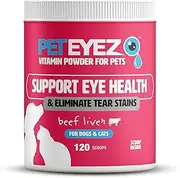 PetEyez Food Topper Tear Stain Powder for Dogs & Cats, 120 Scoops Beef Flavor Dog & Cat Tear Stain Remover Powder, Immune Support Supplement That Helps Eliminates Tear Stains & Improves Eye Health