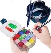 Travel Paint Palette Box with Foldable Paint Brush Washer, 3-in-1 Portable 16 Wells Airtight Paint Saver Palette Box with Brush Cleaner and Brush Holder for Watercolor Oil Acrylic Gouache Painting