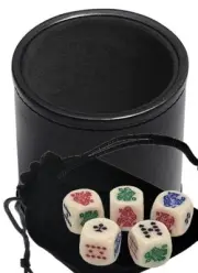 Poker Dice Rounded Corners Ivory Tone w/Pouch + PU Leather Black Felt Lined Cup