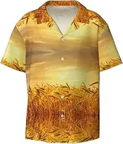 [HVTTIOR] Wheat Field Print Short Sleeve Shirt Cuban Collar Beach Casual Style Summer Vacation Relaxed Fit
