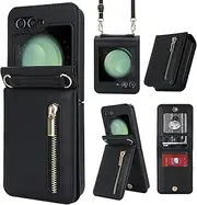 [XIMAND] for Samsung Galaxy Z Flip 6 Luxury Zipper Wallet Phone Case, Multi-Function Kickstand Card Holder Adjustable Crossbody Strap, Fashion Flip Case.(Black)