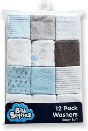 Big Softies Supersoft Spot Baby Washers for Boys 12 Piece Set, Blue, 12 Count