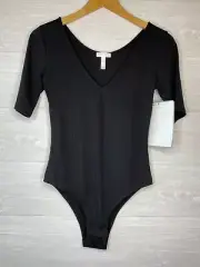 Leith Women's Black Scoop Neck Ribbed Bodysuit Size Small A65
