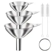 6Pcs Metal Stainless Steel Funnel Set with 2 Cleaning Brushes Large Medium Small