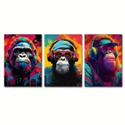 3pcs Funny & Stylish Monkey with Headphones Print 100% Australian Made 3 x 40x60cm (Metal Print)