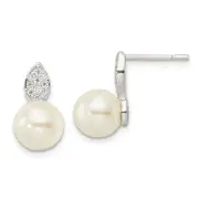 Sterling Silver Cz And 7-8mm Imitation Shell Pearl Post Earrings