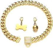 Aiyidi Heavy Duty Dog Chain Collar, 18K Gold Stainless Steel Slip Choker Collar, with Rhinestone Safety Buckle, Dog tag, Dog Bell, Chew-Proof, Width 11/15/19mm Cuban Link Chain Collar,10-26inch(24in)