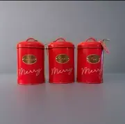 SET OF 3 MERRY HOLIDAY CANISTERS TINS, COFFEE, TEA, SUGAR - KITCHEN STORAGE