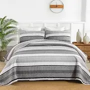 DJY Grey Striped Quilt Set Queen Size, Gray Stripe Boho Patchwork Bedspread Coverlet Set Soft Microfiber Bohemian Quilt Bedding Set 3 Pieces for All Season