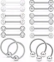 [QttvbTna] 16Pcs Stainless Steel & Acrylic Body Piercing Jewelry, Dual-Headed Tongue Bar, Nipple Bar, Hypoallergenic & Durable for Tongue, Lip, Nose, Ear