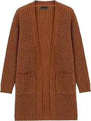 [Qolkmuiy-GJ] Men's Cable Knit Open Sweater Mid Length Slim Fit Wool Cardigans Long Sleeve Shawl Collar Cardigan, Brown, X-Large