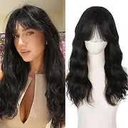 WIGNEE 100% Virgin Human Hair Wig Natural Wave Wigs with Bangs Brazilian Human Hair Wave Wigs Natural Black Color (18 Inch)