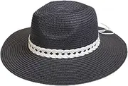[JEN & CO.] Mary Fedora - Contrast Vegan Leather Chain Band - Paper Straw Vacation Sun Hat