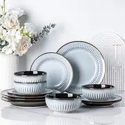 [LERATIO] Ceramic Dinnerware Sets,Handcraft Embossed Stoneware Plates and Bowls Sets,Highly Chip and Crack Resistant | Dishwasher & Microwave & Oven Safe Dishes set,Service for 4 (12pc)-Gray White