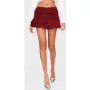 Burgundy Satin Frilly Hem Drop Waist Mini Skirt, Burgundy