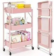 GUDAJIN 3-Tier Foldable Rolling Cart, Metal Cart with Handle, Foldable Mobile Organizer Cart, Multi-Function Storage Trolley, Rolling Storage Organizer Rack for Kitchen Pantry, Office (Pink)