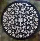 Black Marble Coffee Table Top, Handmade Semiprecious Stone Inlaid Side Table