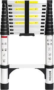[BOCOM] 10.5 FT Aluminum Telescoping Ladder, Lightweight Multi-Purpose Collapsible Extension with 2 Triangle Stabilizers, Heavy Duty 330 lbs Max Capacity, Ideal for Home, RV, and Outdoor Work Silver