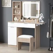 ALFORDSON Dressing Table Chair Set with LED Mirror, Open Shelves and Drawers, Makeup Organiser Vanity Desk with Flipable Countertop, Wood White Color