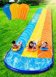 Triple Water Slide with 3 Bodyboards, 18Ft Lawn Water Splash Slip and Slide Summ