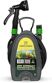 Green Haven Garden Hose Pipe Reel – 10m / 32ft Lightweight Compact Hosepipe with 7-Pattern Spray Nozzle Gun, Easy Wind Mini Hose Reel for Small Gardens, Balconies & Outdoor Cleaning (Reinforced)