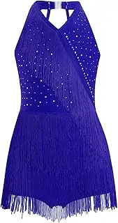 [Jugaoge] Kids Girls Rhinestones Latin Jazz Dance Dress Tango Rumba Samba Dance Costume Fringe Leotard