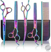 Moontay Professional 7.0" Pet Grooming Scissors Set, 4-Pieces 440C Japanese Steel Straight & Curved & Thinning & Chunker Shears/Scissors with 1 Grooming Comb for Dog Cat and More Pets, Multicolour