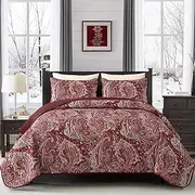 DJY Red Paisley Quilt Set King Size Boho Quilt Bedspread Set 3 Pieces, Soft Lightweight Microfiber Coverlet Set Paisley Floral Pattern Bedding for All Season, 104''x90''