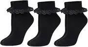 [ZRWASKA] 3 Pairs Baby Girls Ankle socks Childrens Cotton rich Frilly School Socks with Lace Party Wear Back to School Socks Uniform Comfort Fit Socks Girls Lace over Ankle Kids School Socks (Pack 3)