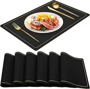 ACEmedia Black Placemats for Dining Table Set of 6, Waterproof Wipeable PU Leather Place Mats Indoor, Washable Kitchen Table Mats for Easter Thanksgiving Christmas New Year Party Home Deco