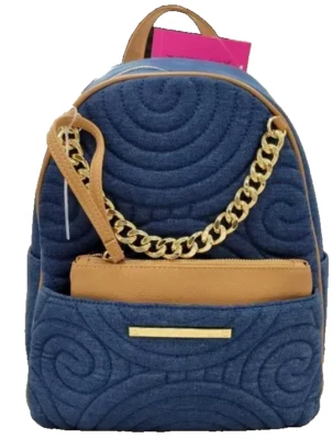 Betsey Johnson Navy Blue Denim Backpack w/Removable Pouch & Gold Chain NWT