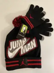 Nike Jordan Jumpman Youth Unisex Pom BEANIE GLOVES Hat 2 Pc Set BLACK RED New